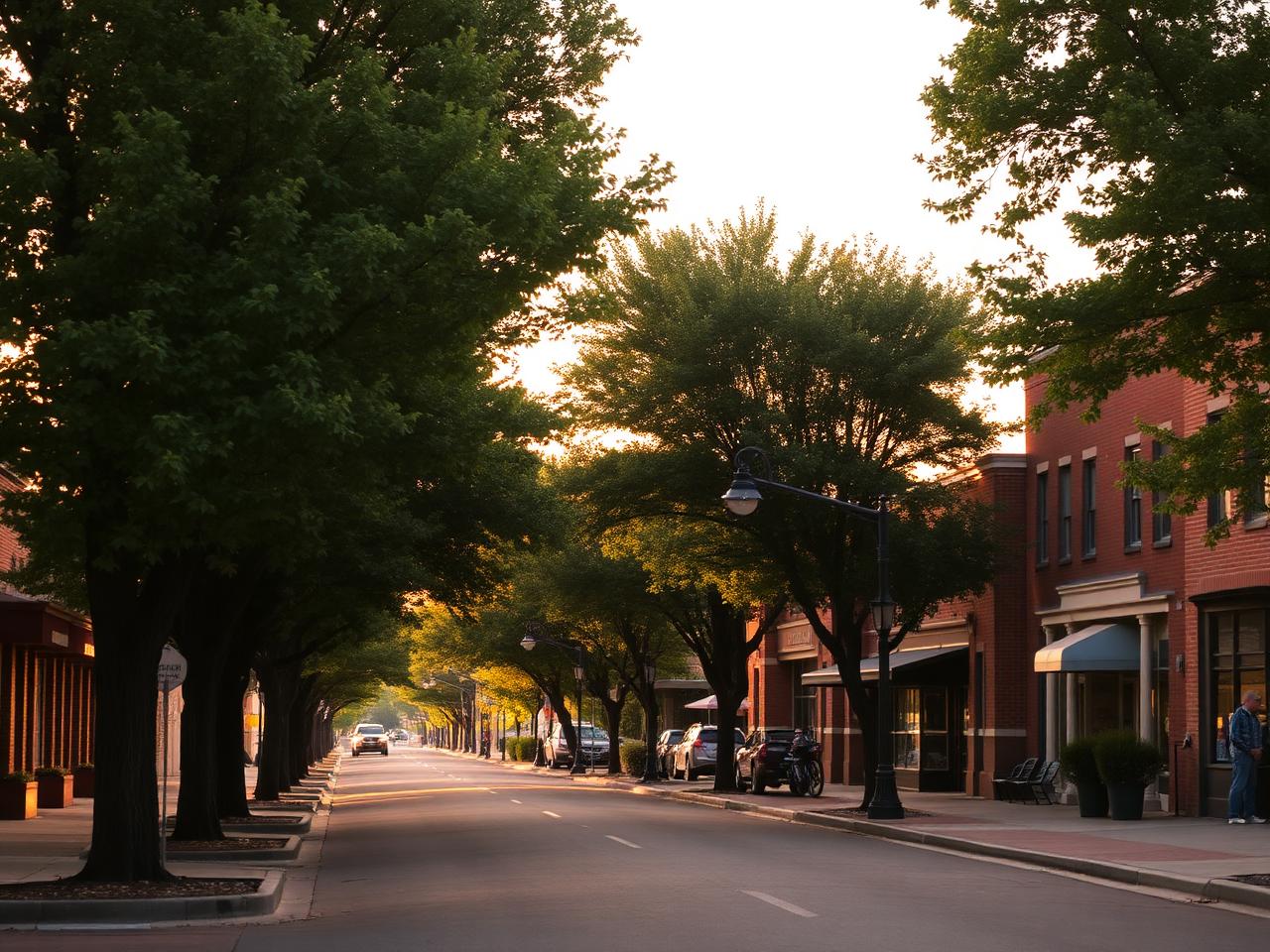 Tree-lined main street of a small Tennessee town at golden hour