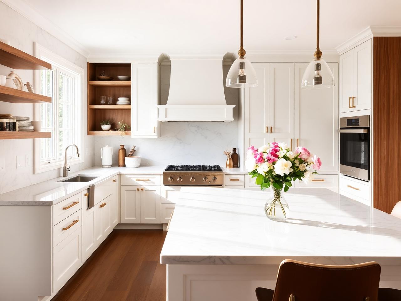 Beautifully staged kitchen with marble counters